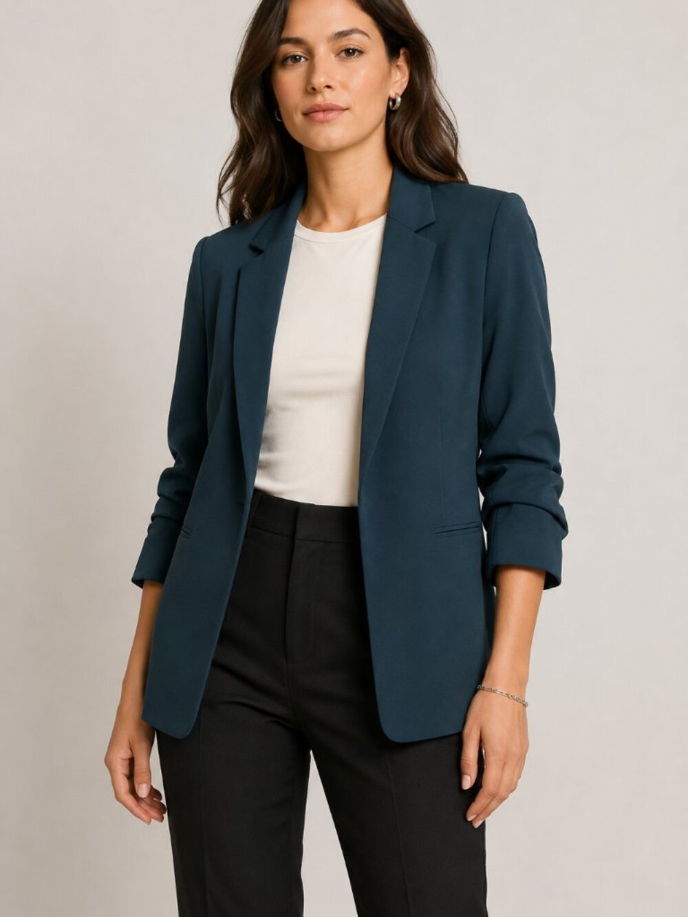 H&M Dark Teal Blue Ruched Sleeve Blazer 4 Notch Lapel 3/4 Sleeve Workwear